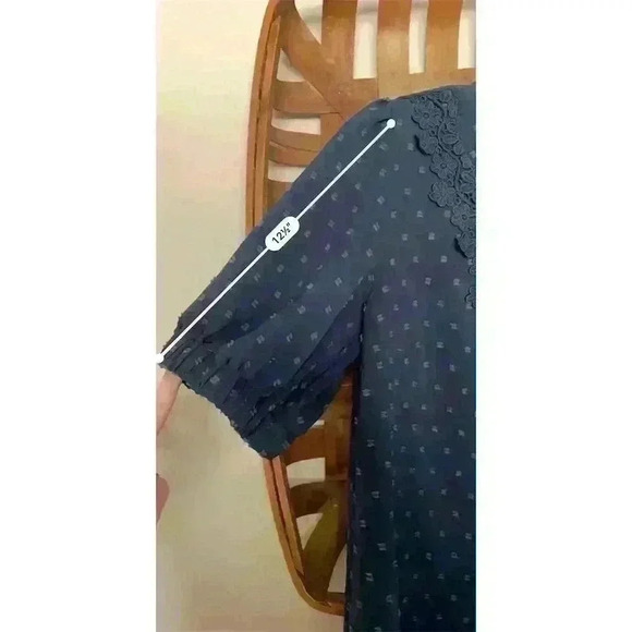 Women's V-Neck Textured Dot Blouse Lace Trim Puff Sleeve Blue S - Picture 9 of 13